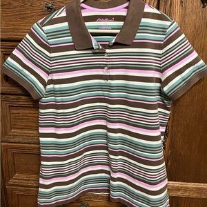 Eddie Bauer short sleeve polo, large; brown, green &  pink multi color striped